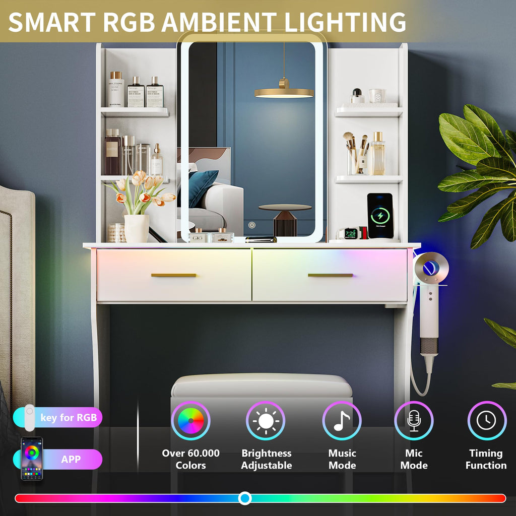 White Vanity Desk with LED Lights Mirror and Chair U853