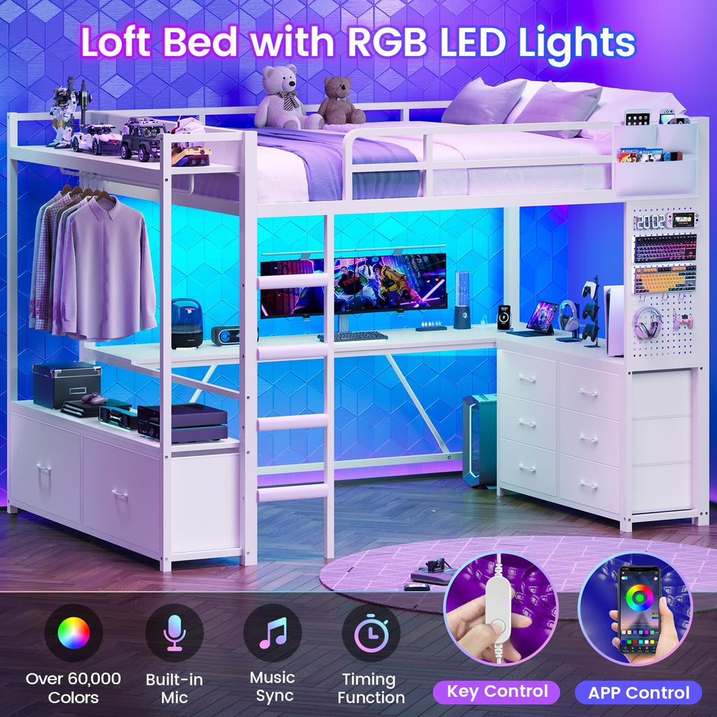 White Twin Loft Bed with L-Shaped Desk and 8 Storage Drawers B16341