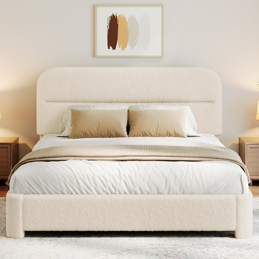 Beige Boucle Upholstered Bed with Headboard T25290