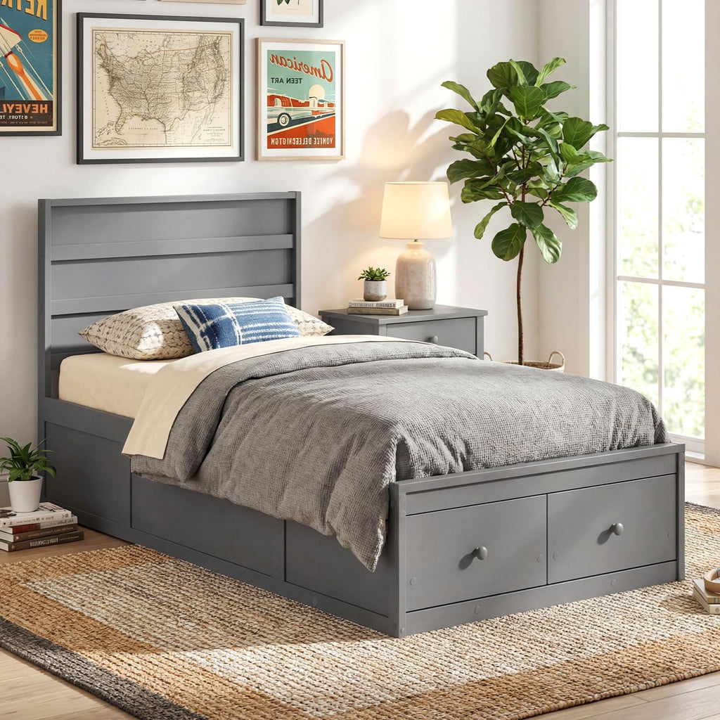 Grey Twin Wood Platform Bed with Storage Drawers R5181