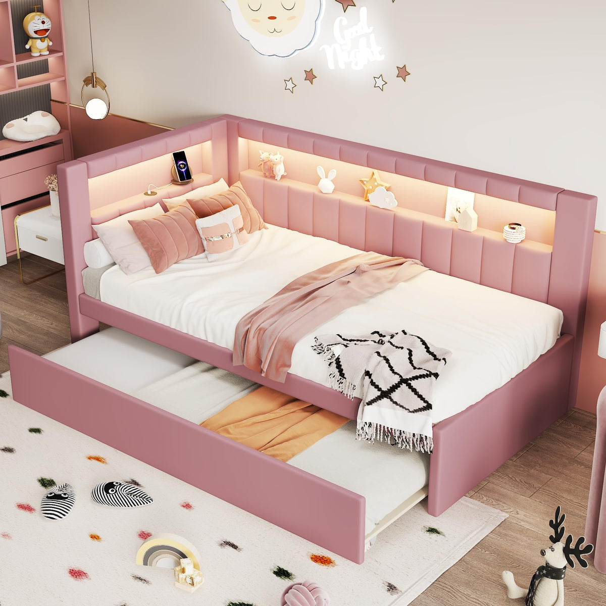 Twin Size Upholstered Platform Bed with Trundle and USB Ports G372225