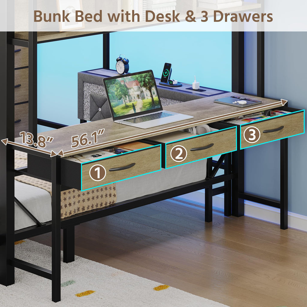 Oak Gray Full Over Twin Bunk Bed with Desk and Drawers H514