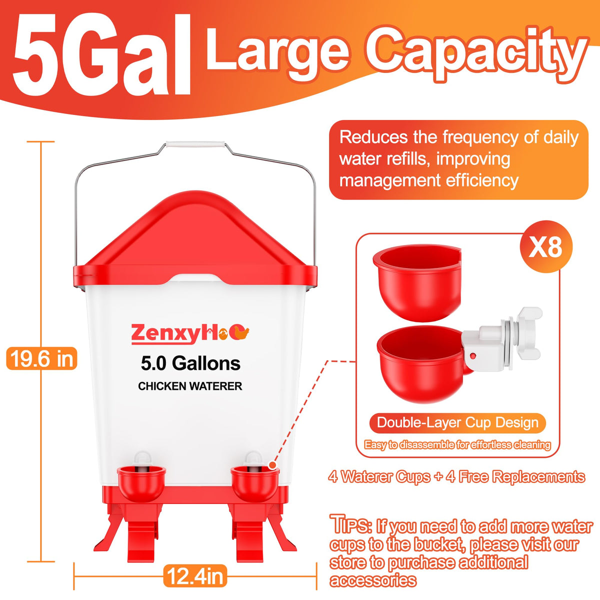 5.0 Gal Chicken Waterer Bucket with 4 Cups S6219