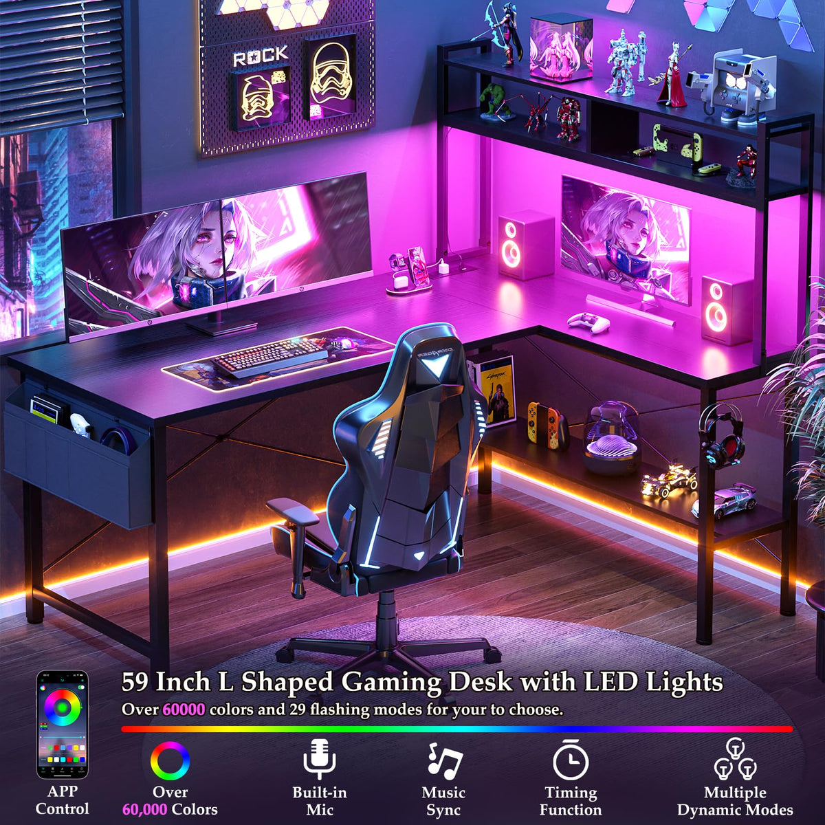 59" L Shaped Desk with LED Light & Power Outlet U12098
