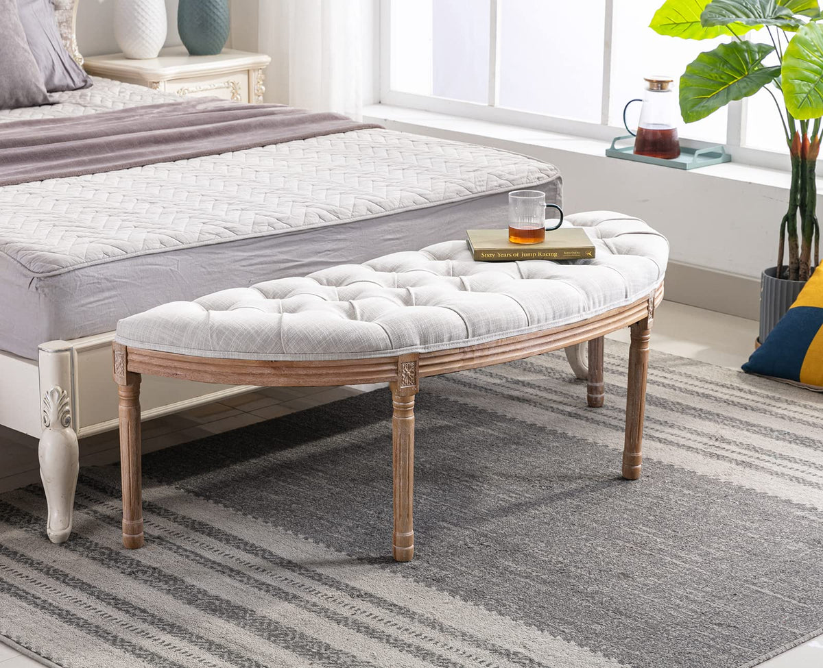 55" Upholstered Tufted Fabric Bench with Rubber Wood Legs, Beige A776250