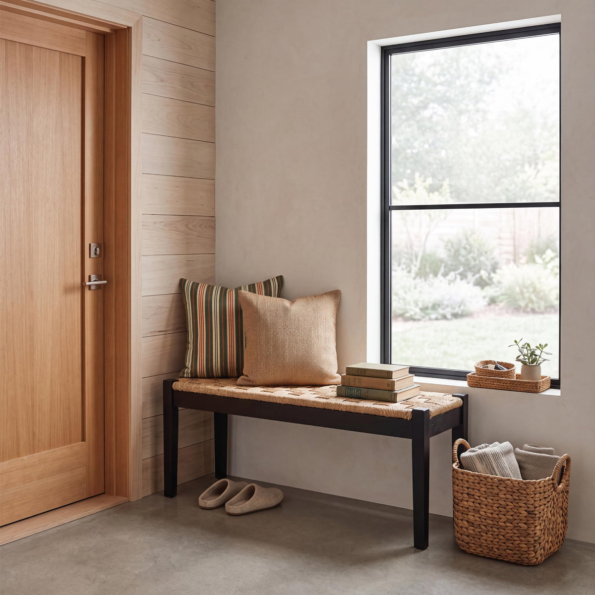 46-Inch Acacia Wood Entryway Bench with Woven Seagrass Seat F2163