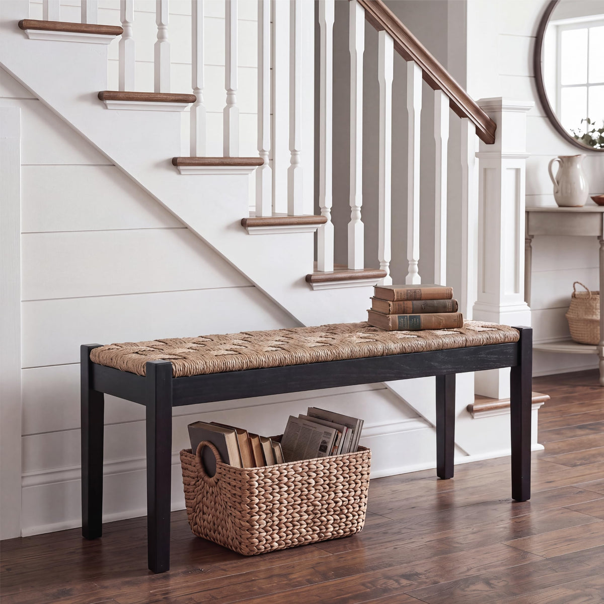 46-Inch Acacia Wood Entryway Bench with Woven Seagrass Seat F2163