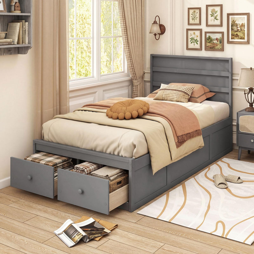 Grey Twin Wood Platform Bed with Storage Drawers R5181