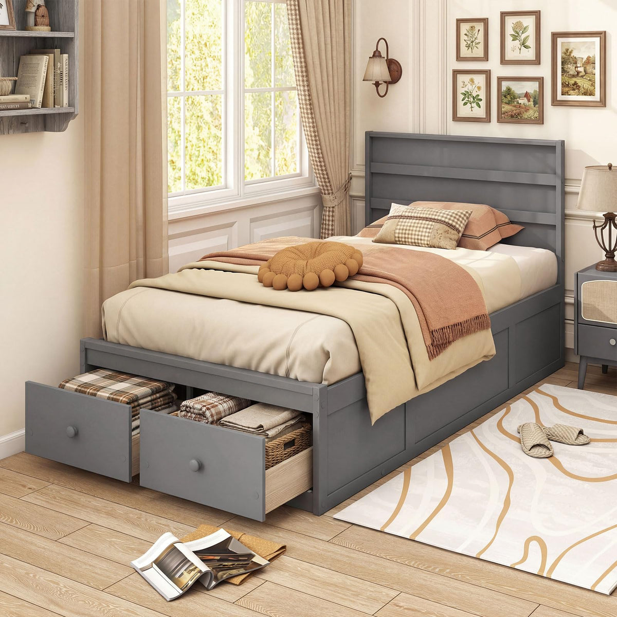 Grey Twin Wood Platform Bed with Storage Drawers R5181