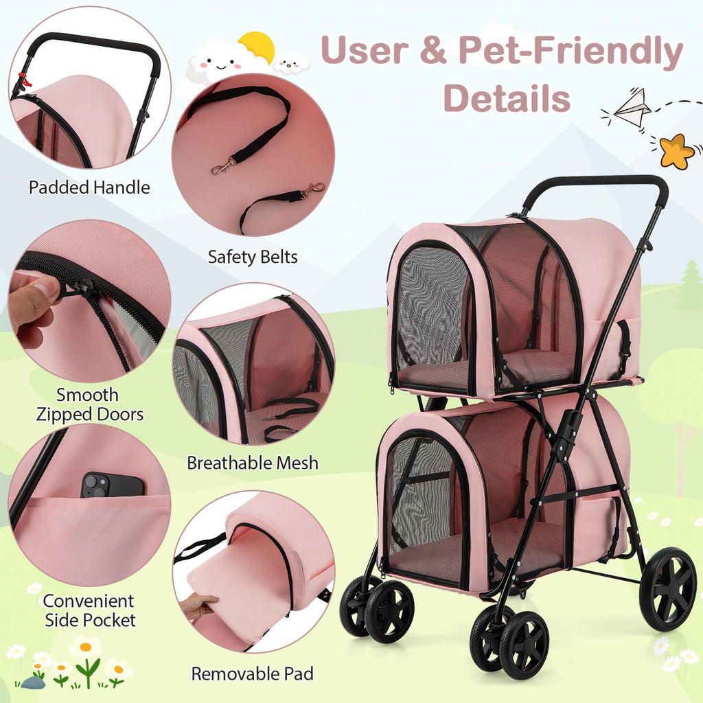 Double Pet Stroller with 2 Detachable Carrier Bags Pink U94500