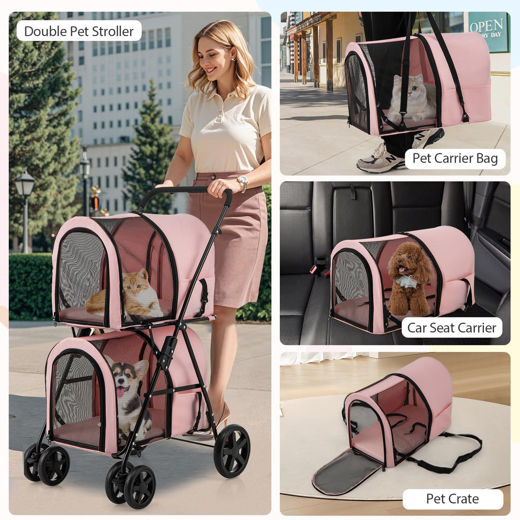 Double Pet Stroller with 2 Detachable Carrier Bags Pink U94500