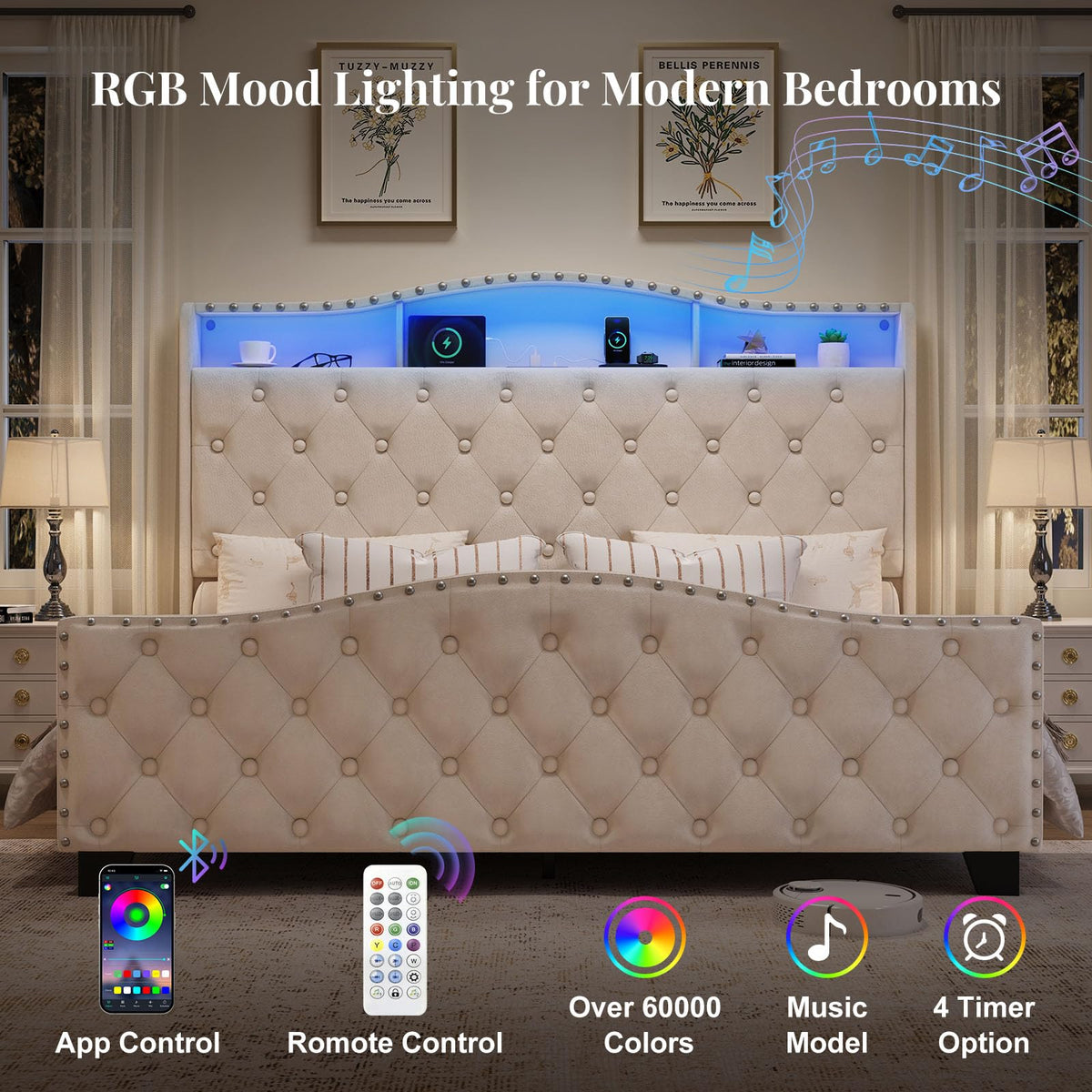 Queen Beige Platform Bed Frame with LED Headboard H5294