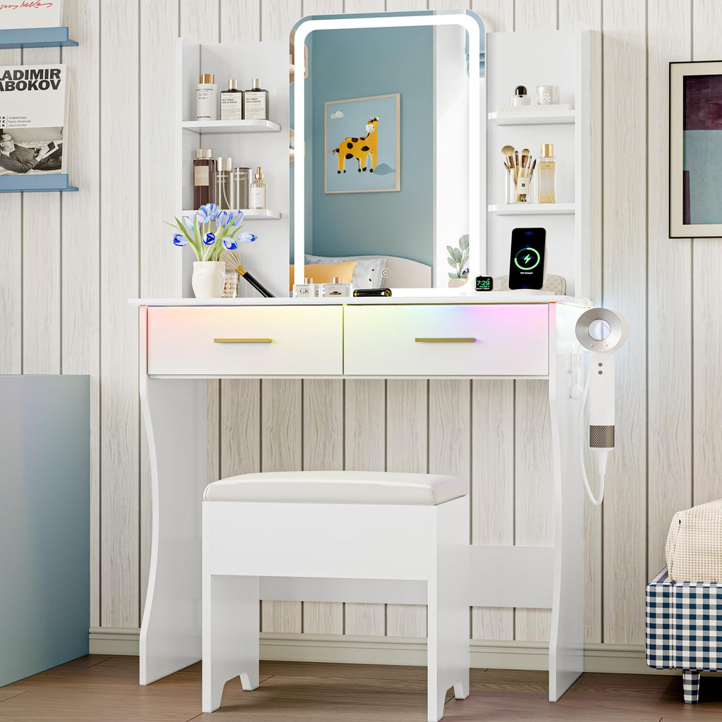 White Vanity Desk with LED Lights Mirror and Chair U853