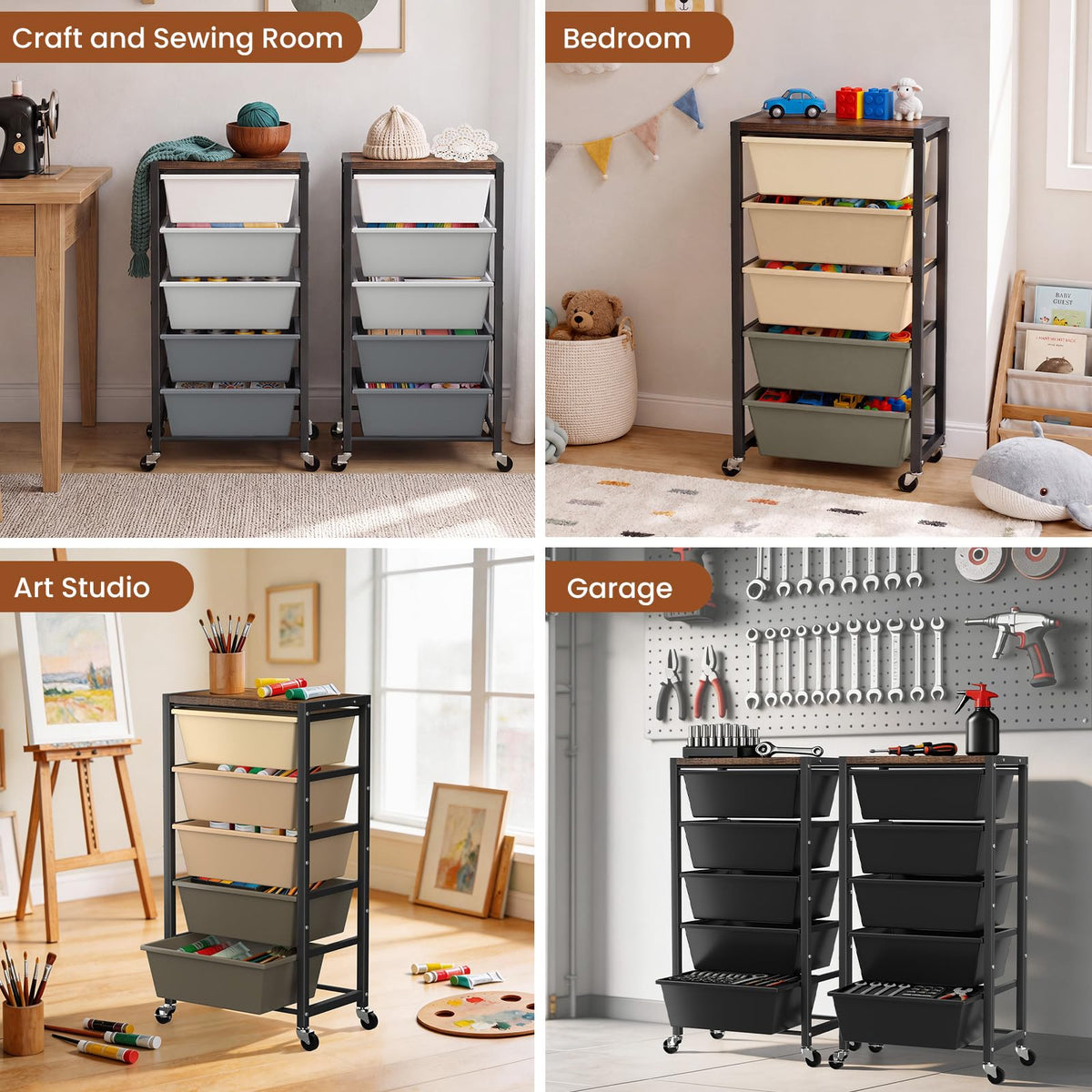 Black 5 Drawer Rolling Storage Cart with Wooden Tabletop A133