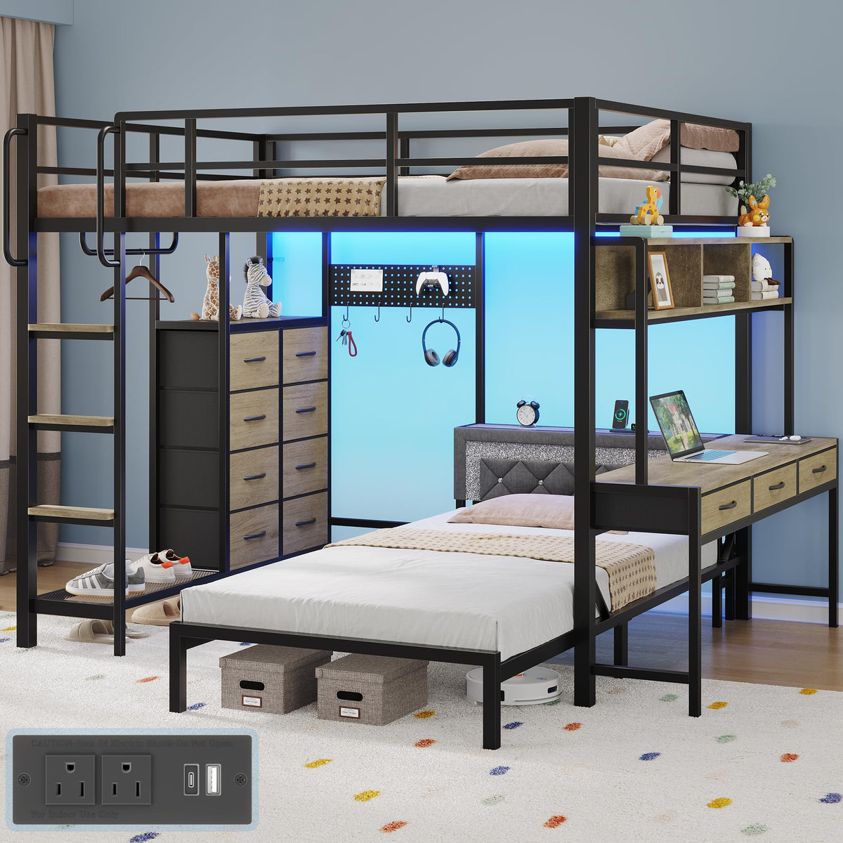 Oak Gray Full Over Twin Bunk Bed with Desk and Drawers H514