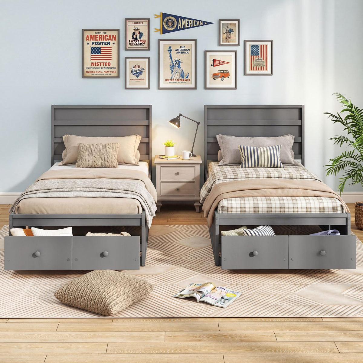 Grey Twin Wood Platform Bed with Storage Drawers R5181