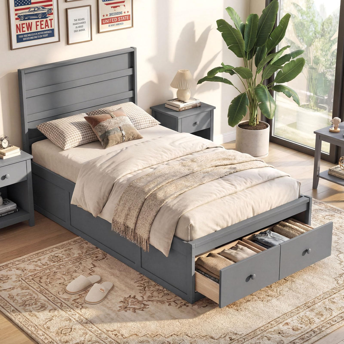 Grey Twin Wood Platform Bed with Storage Drawers R5181