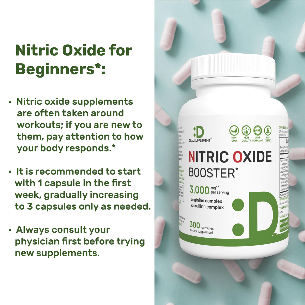 3,000mg 300 Capsules Nitric Oxide Supplement L574