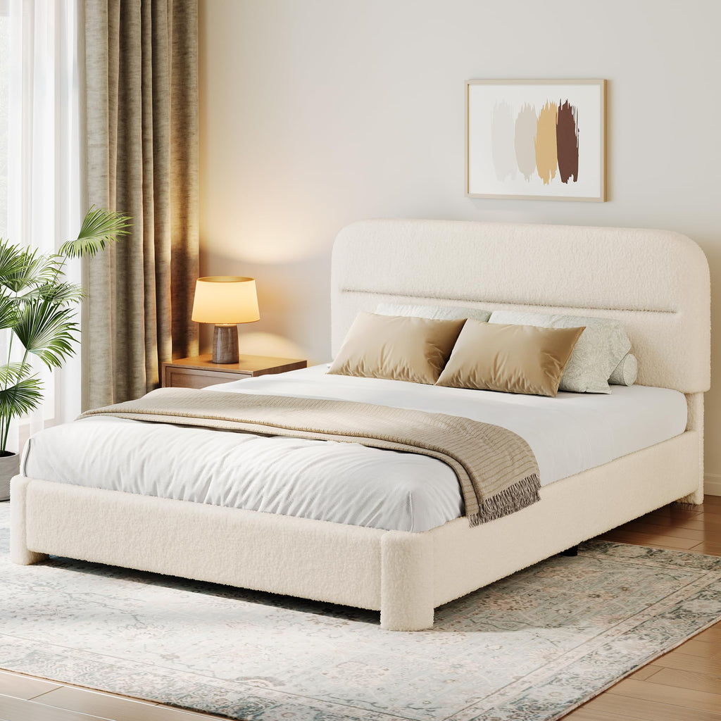 Beige Boucle Upholstered Bed with Headboard T25290