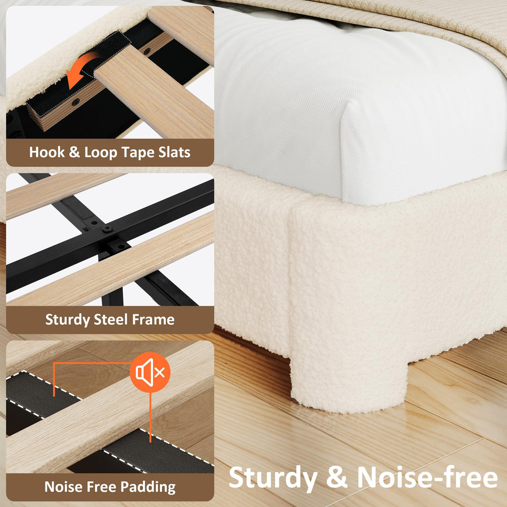 Beige Boucle Upholstered Bed with Headboard T25290