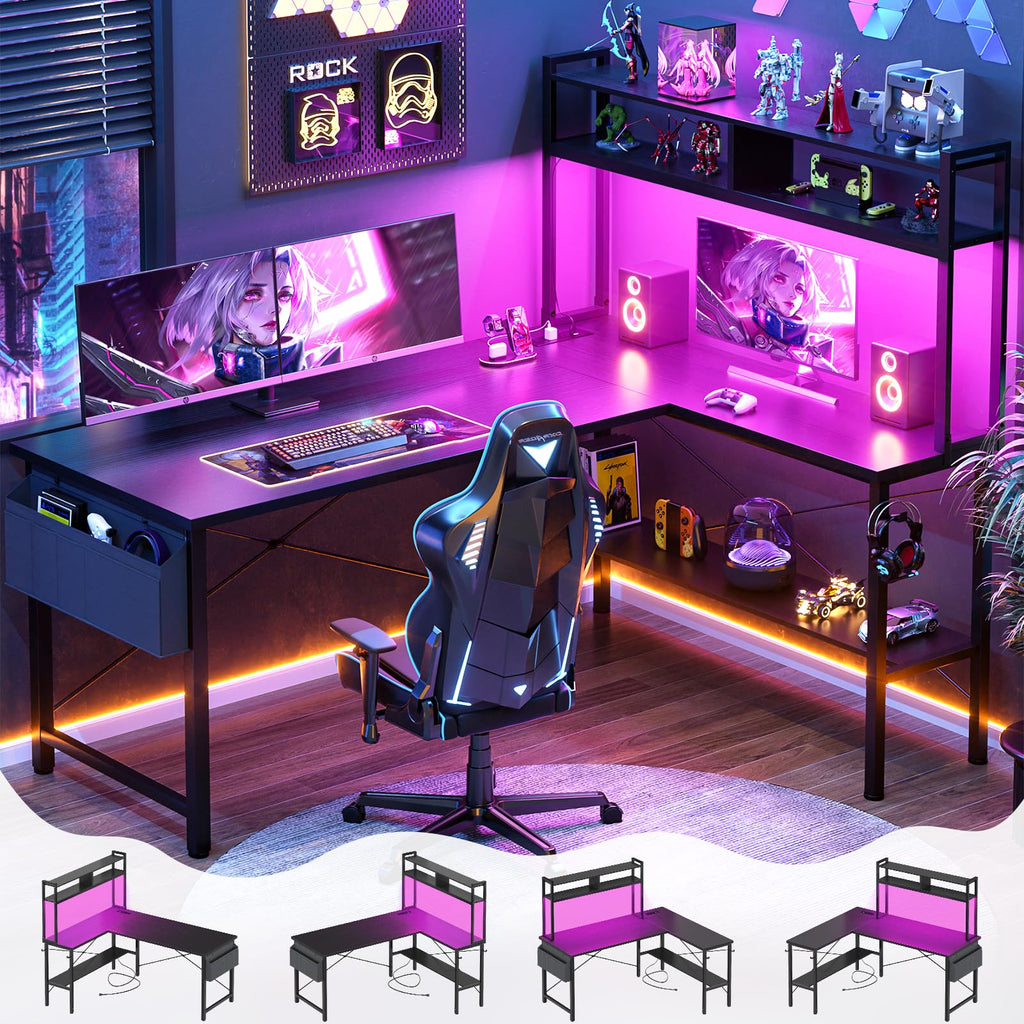 59" L Shaped Desk with LED Light & Power Outlet U12098