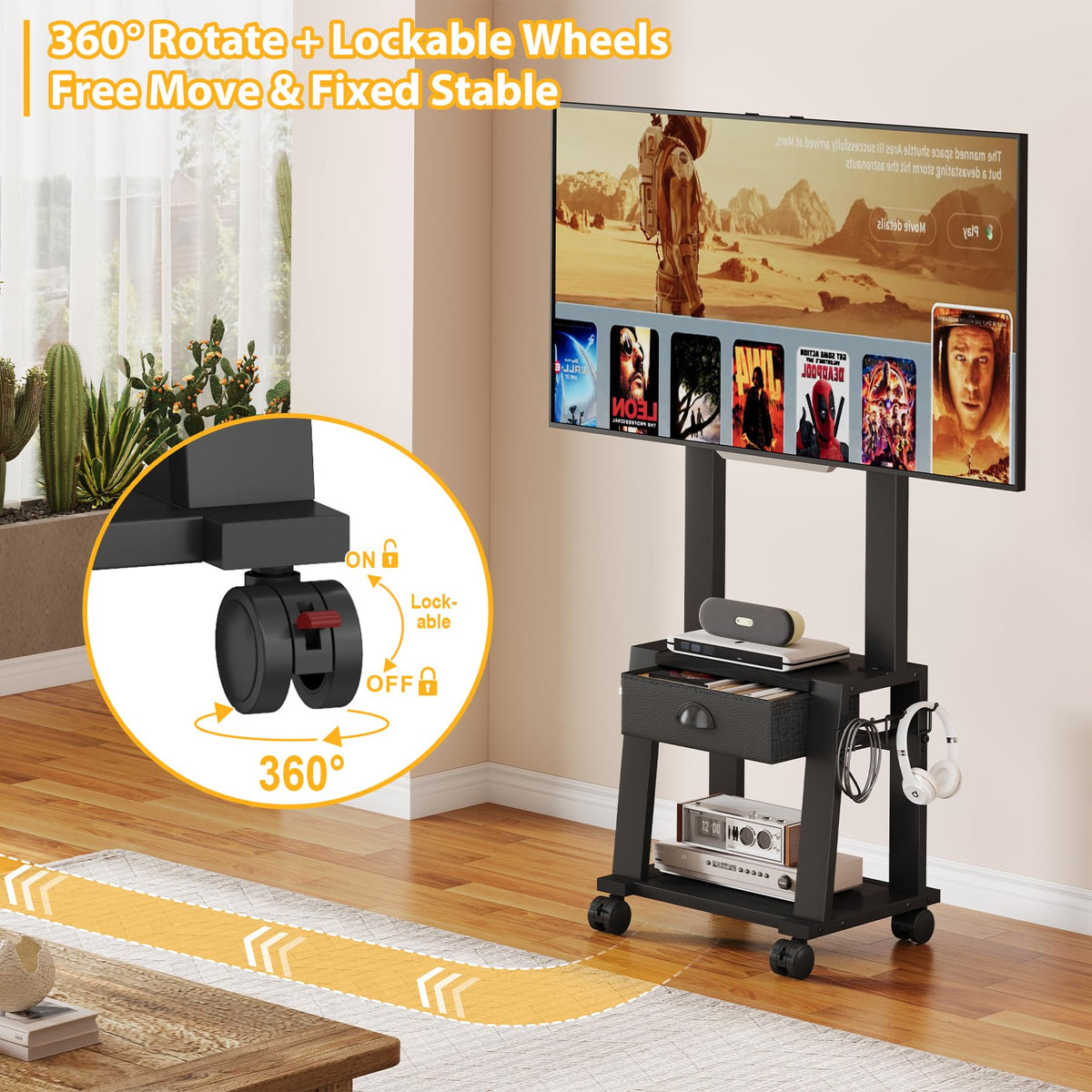 Rolling TV Stand with Storage for 23-60 Inch TVs, Height Adjustable Tilt Mobile TV Mount Cart with Drawer & 2 Shelves M872