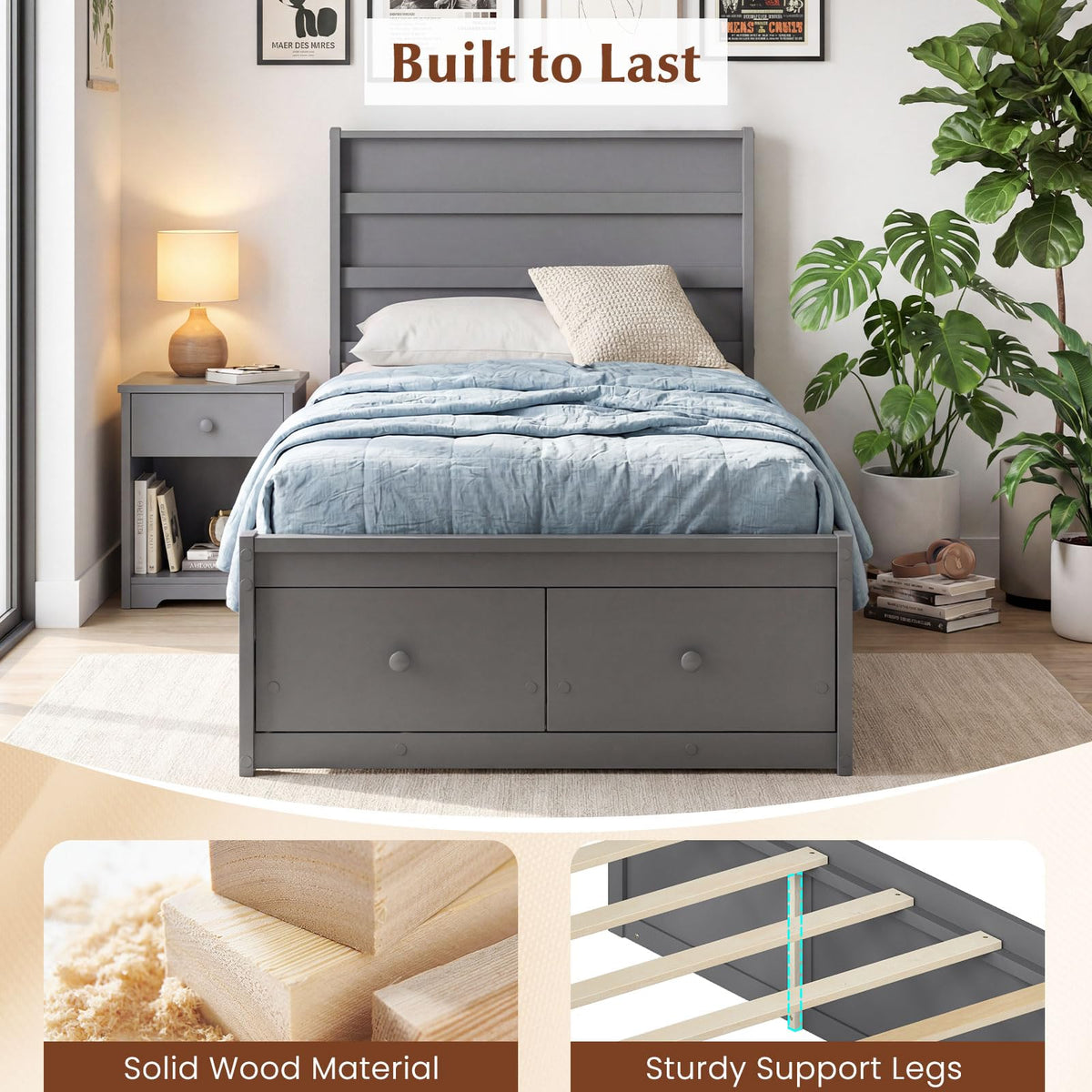 Grey Twin Wood Platform Bed with Storage Drawers R5181