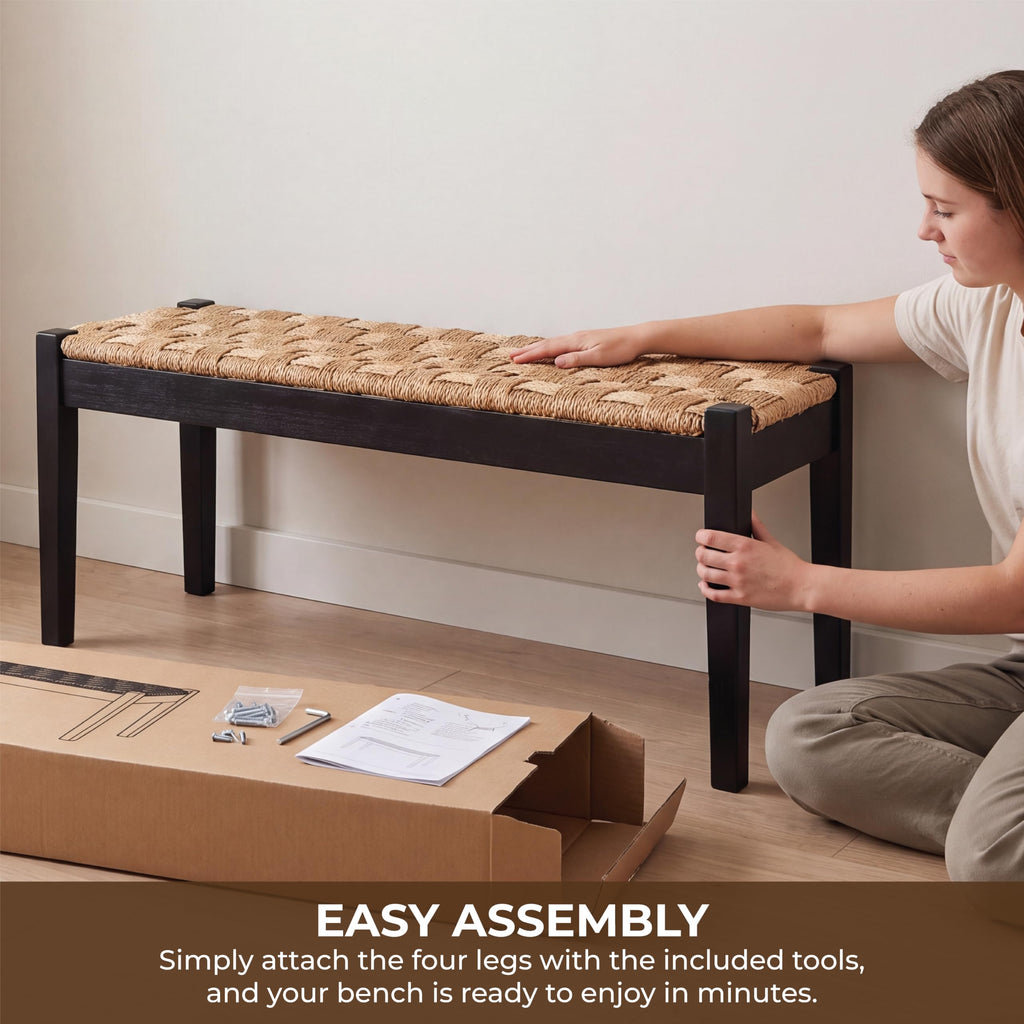 46-Inch Acacia Wood Entryway Bench with Woven Seagrass Seat F2163