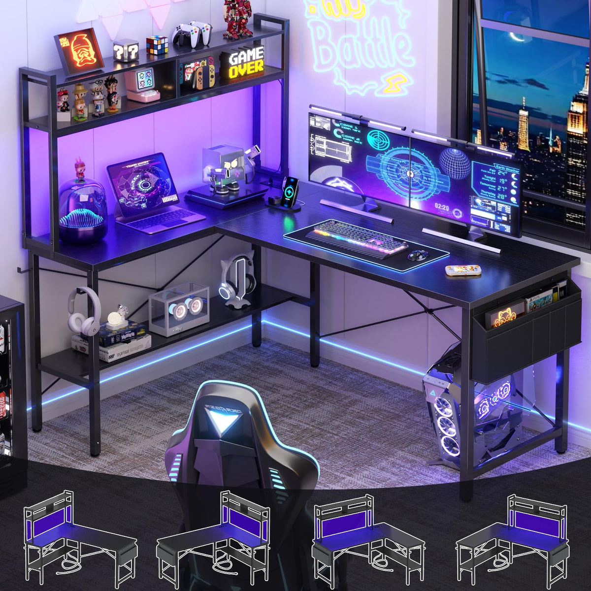 59" L Shaped Desk with LED Light & Power Outlet U12098