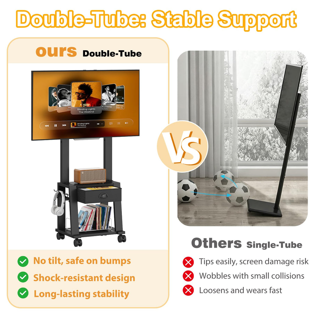 Rolling TV Stand with Storage for 23-60 Inch TVs, Height Adjustable Tilt Mobile TV Mount Cart with Drawer & 2 Shelves M872