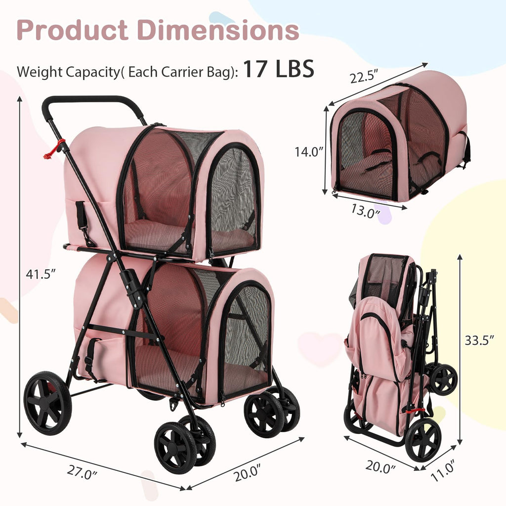 Double Pet Stroller with 2 Detachable Carrier Bags Pink U94500