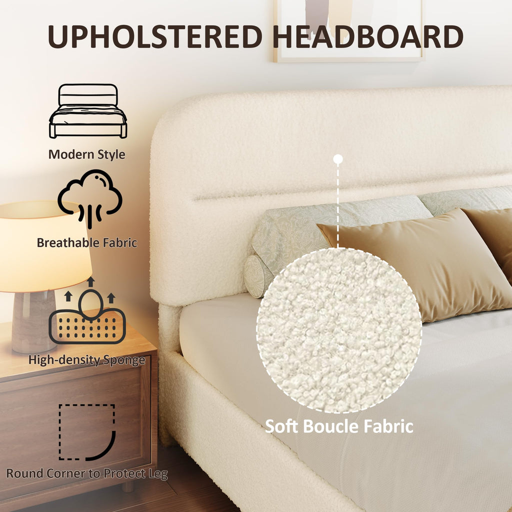 Beige Boucle Upholstered Bed with Headboard T25290