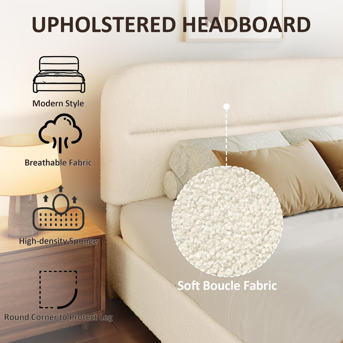 Beige Boucle Upholstered Bed with Headboard T25290