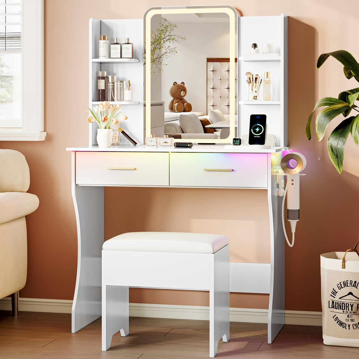 White Vanity Desk with LED Lights Mirror and Chair U853