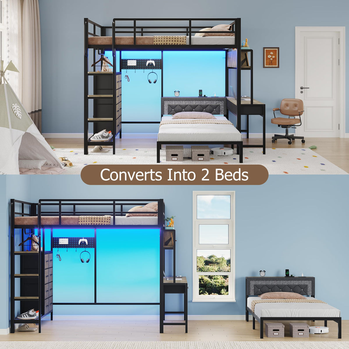 Oak Gray Full Over Twin Bunk Bed with Desk and Drawers H514