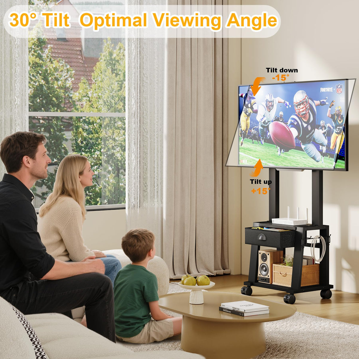 Rolling TV Stand with Storage for 23-60 Inch TVs, Height Adjustable Tilt Mobile TV Mount Cart with Drawer & 2 Shelves M872