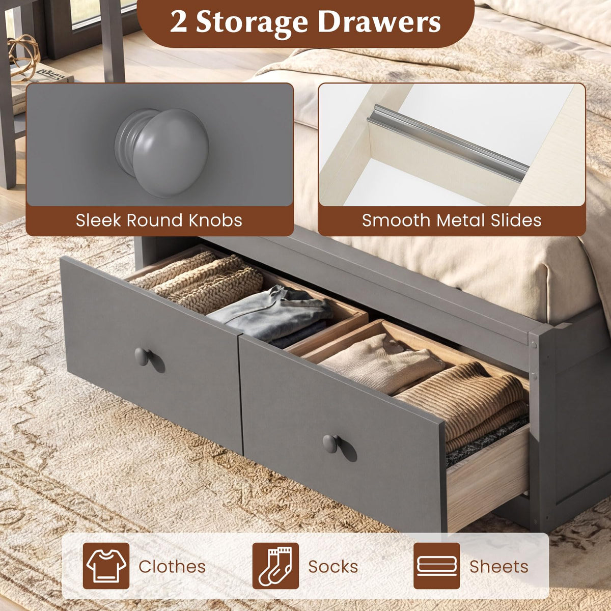Grey Twin Wood Platform Bed with Storage Drawers R5181