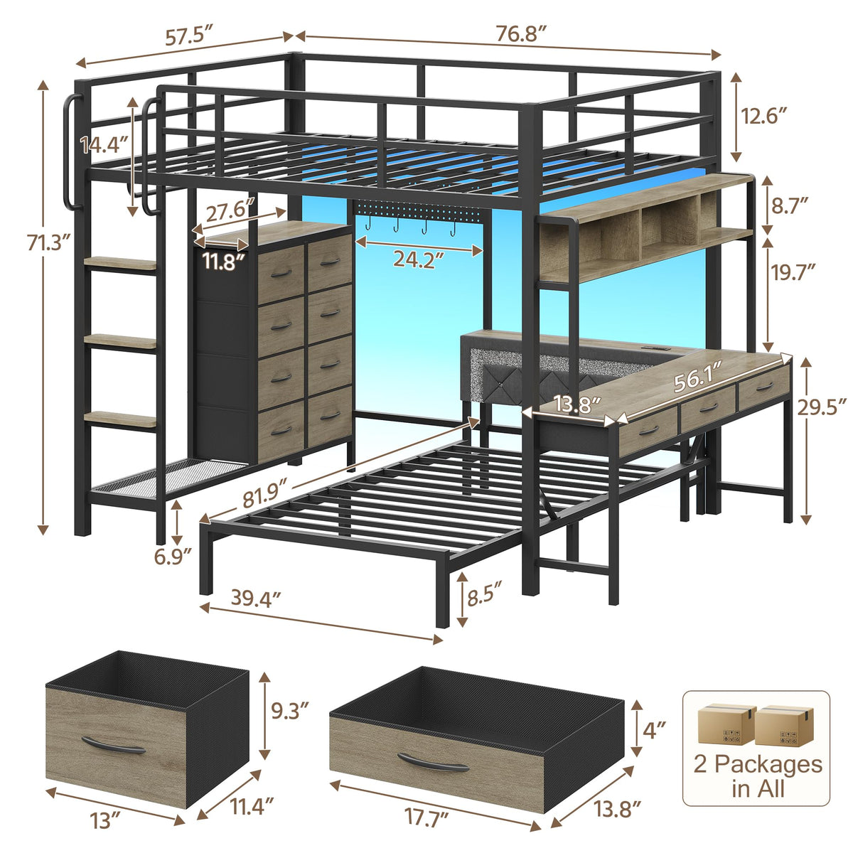 Oak Gray Full Over Twin Bunk Bed with Desk and Drawers H514