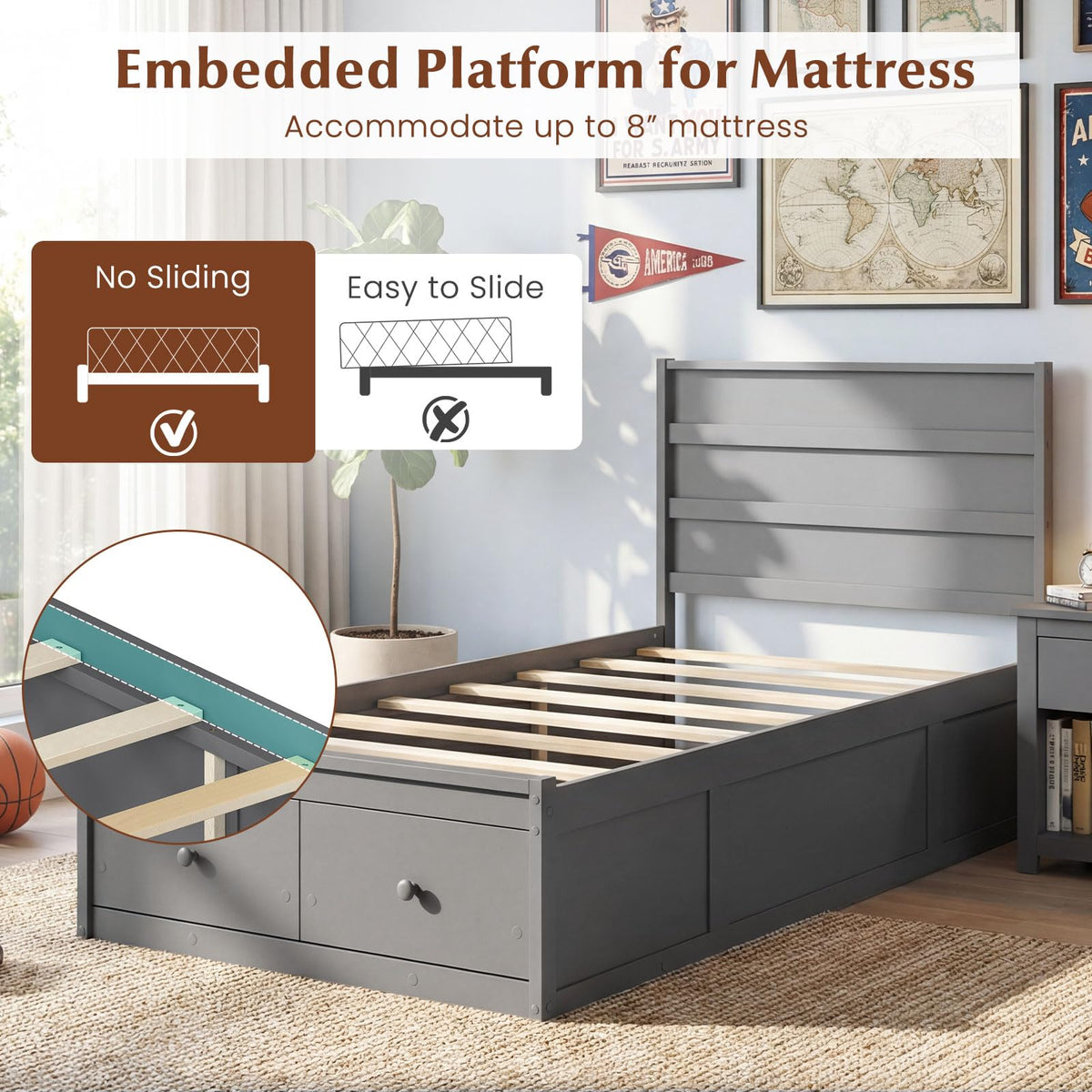 Grey Twin Wood Platform Bed with Storage Drawers R5181