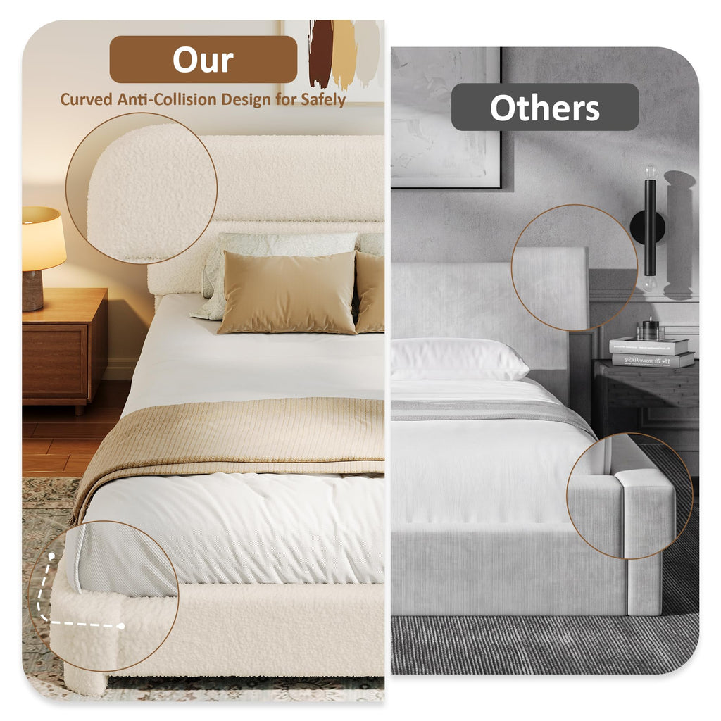 Beige Boucle Upholstered Bed with Headboard T25290
