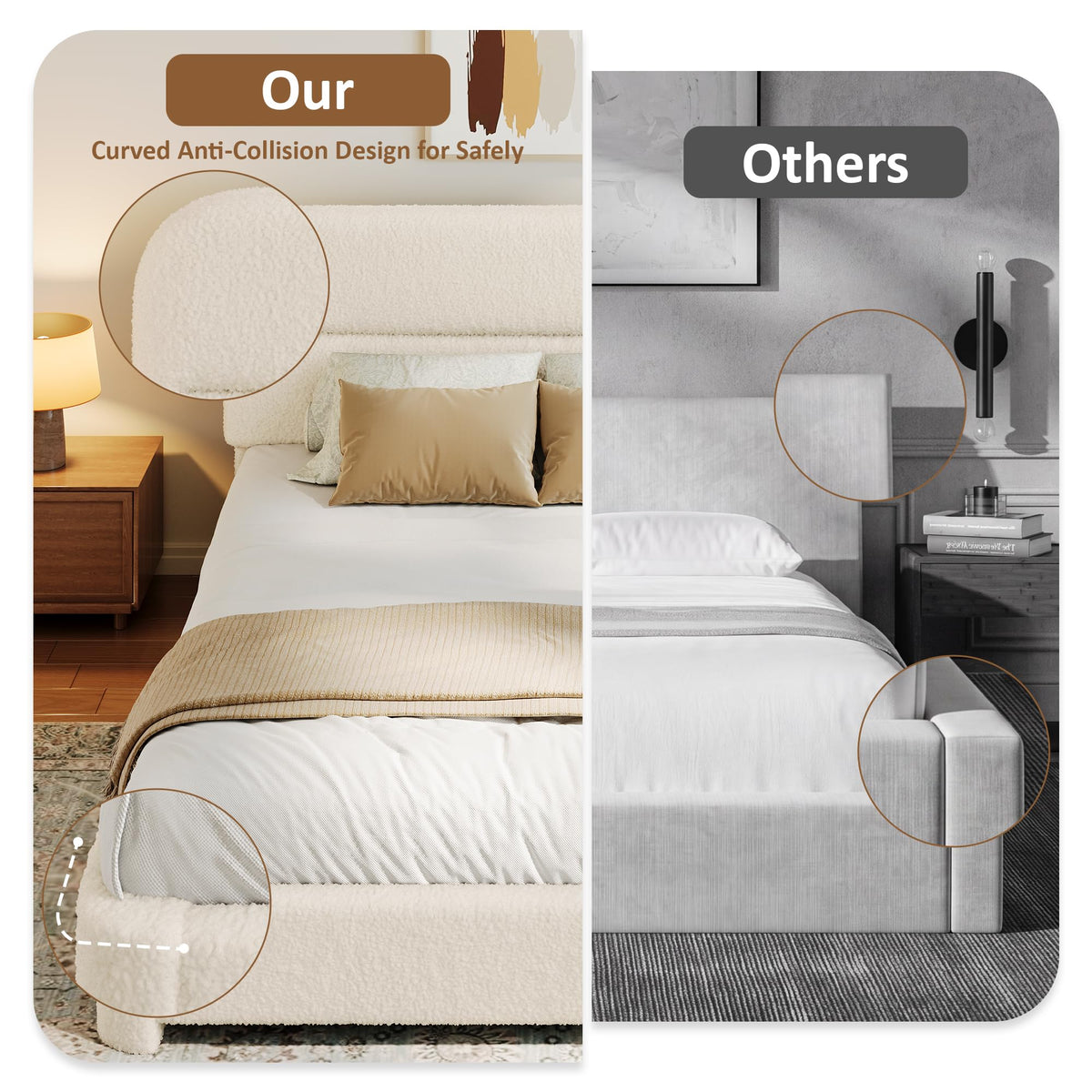 Beige Boucle Upholstered Bed with Headboard T25290