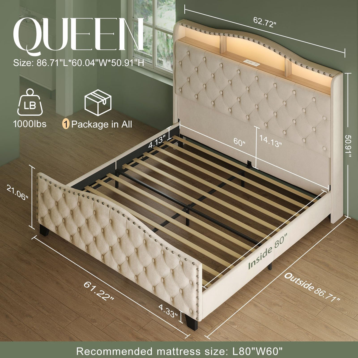 Queen Beige Platform Bed Frame with LED Headboard H5294