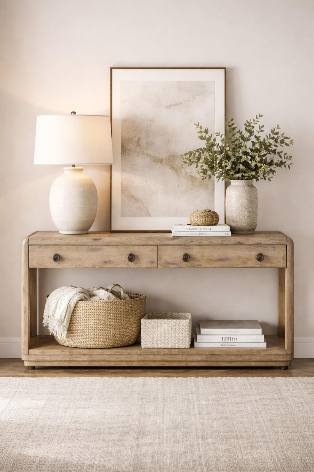 Oak Console Table with Two Drawers and Lower Shelf F28413