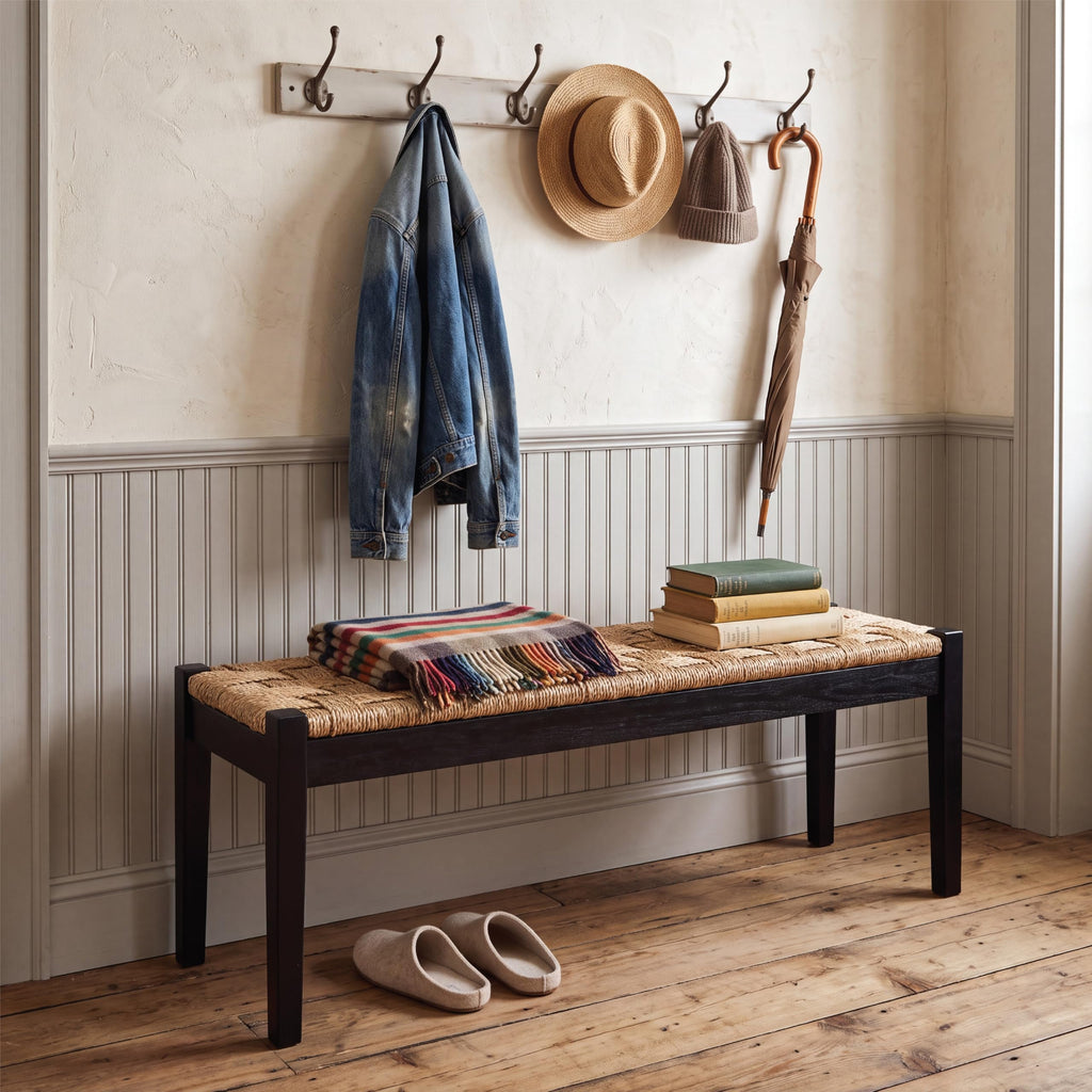 46-Inch Acacia Wood Entryway Bench with Woven Seagrass Seat F2163