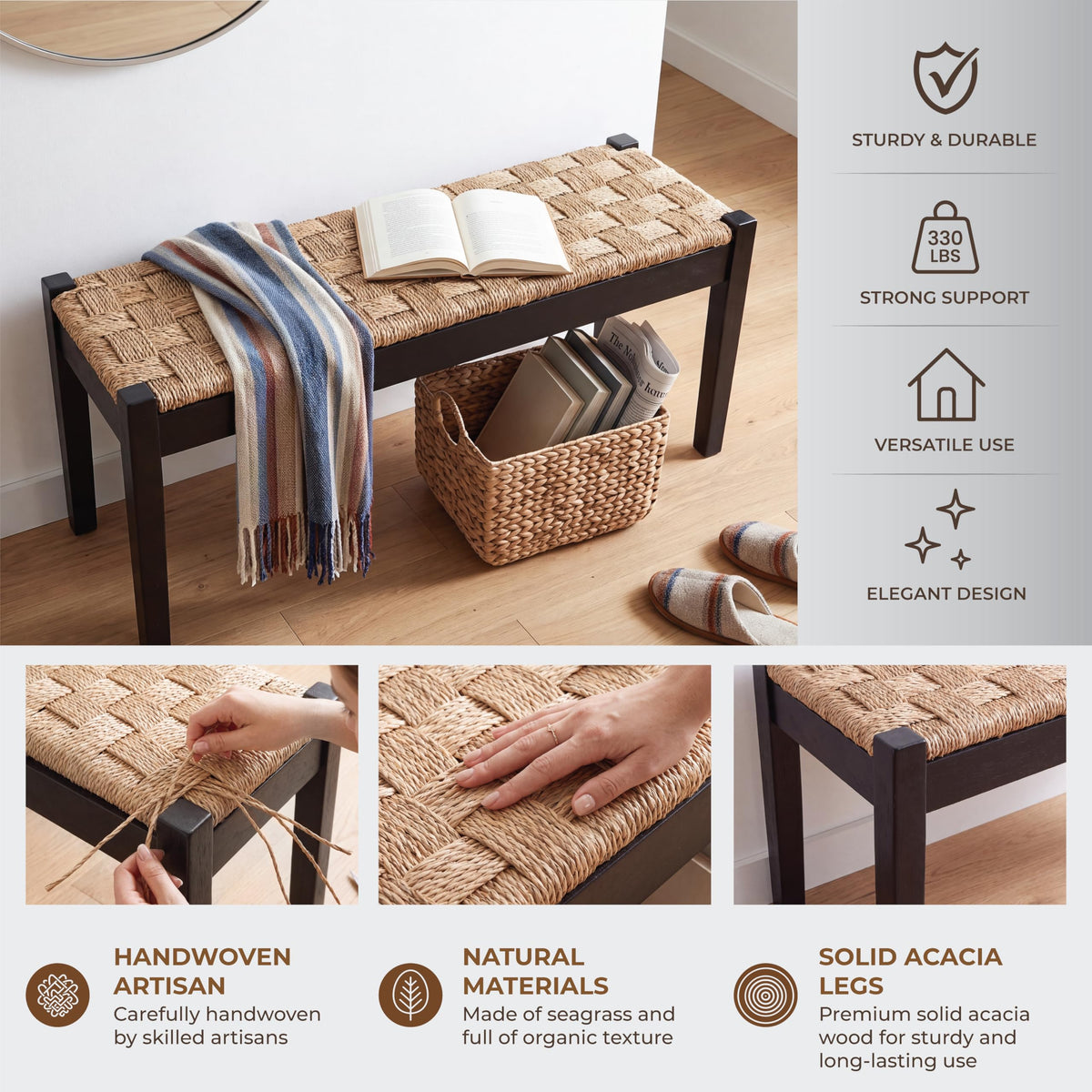 46-Inch Acacia Wood Entryway Bench with Woven Seagrass Seat F2163