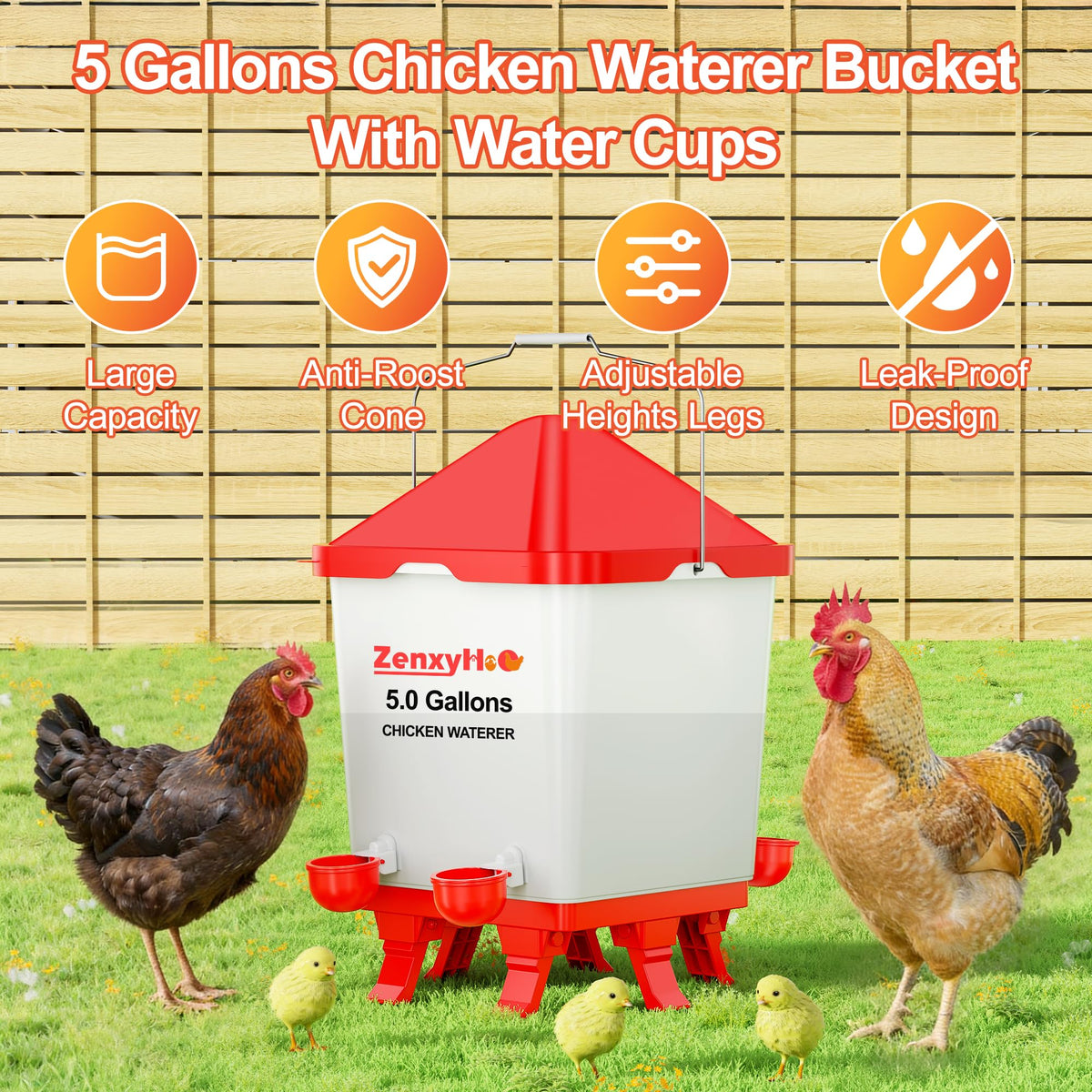 5.0 Gal Chicken Waterer Bucket with 4 Cups S6219