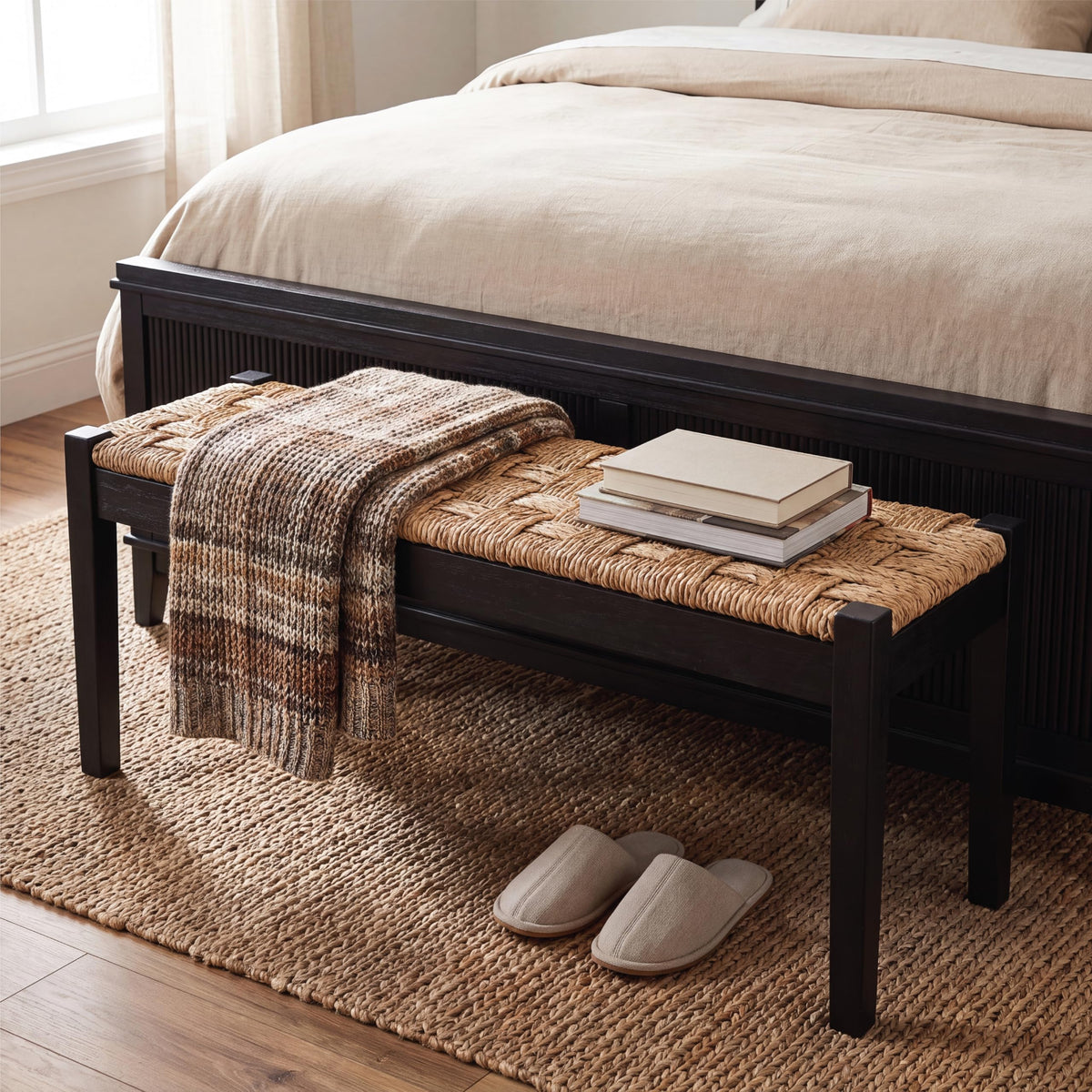 46-Inch Acacia Wood Entryway Bench with Woven Seagrass Seat F2163